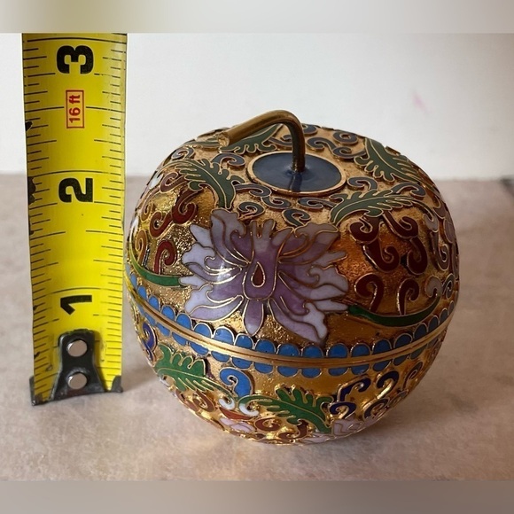 Vintage Apple Shape Enamel Gold Brass Trinket Chinese Cloisonné Jar Unburnt - Picture 7 of 7